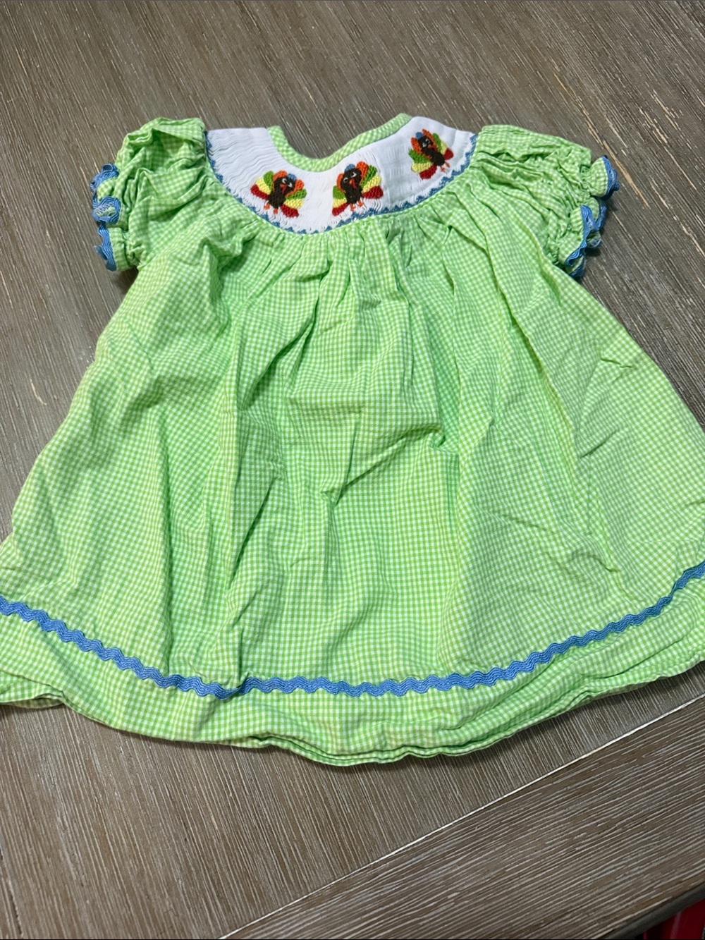 Smocked Green Gingham Kids Dress with Turkey Embroidery